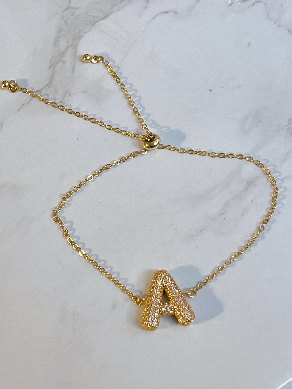 18k yellow gold CZ pave A letter bolo adjustable bracelet stainless plated